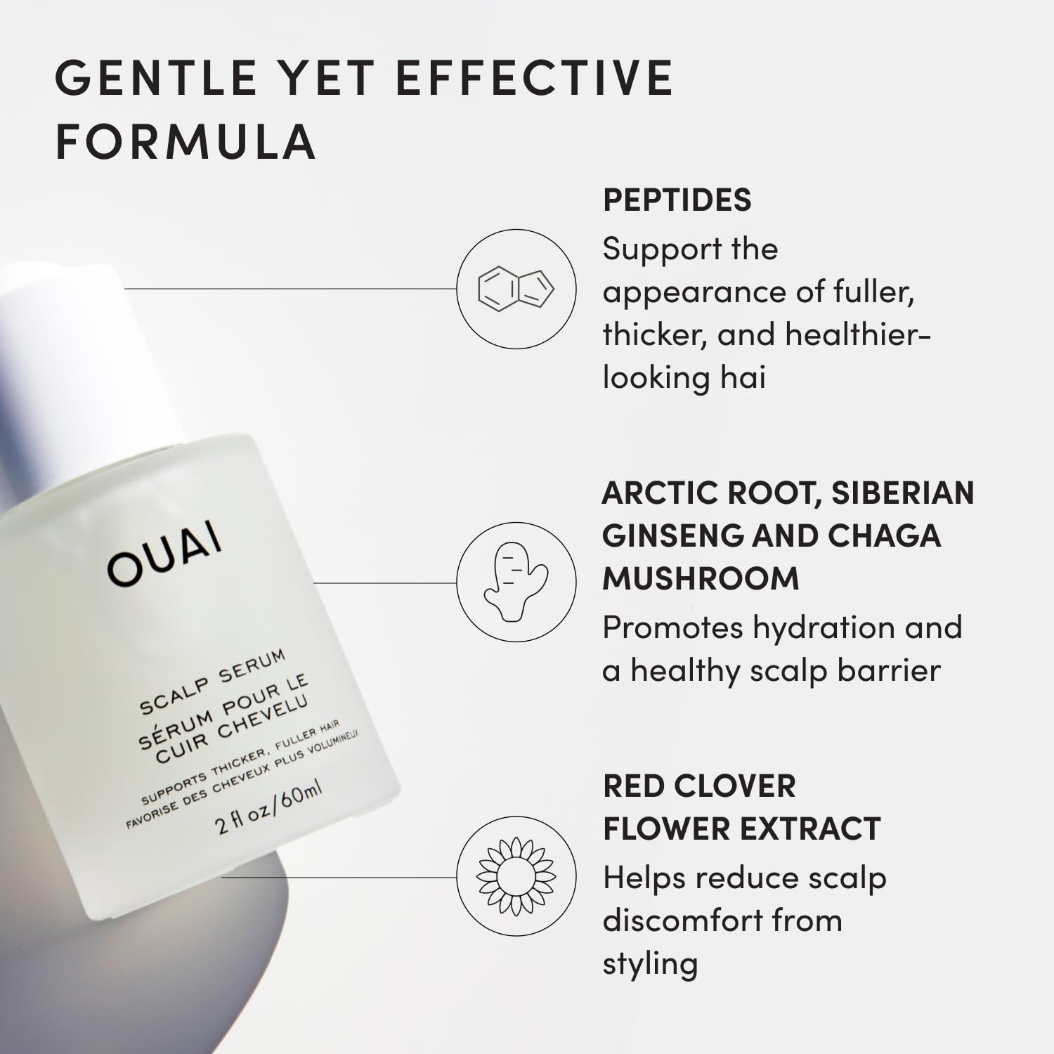 OUAI 2 oz bottle beside everyday objects showing compact travel-friendly benefit