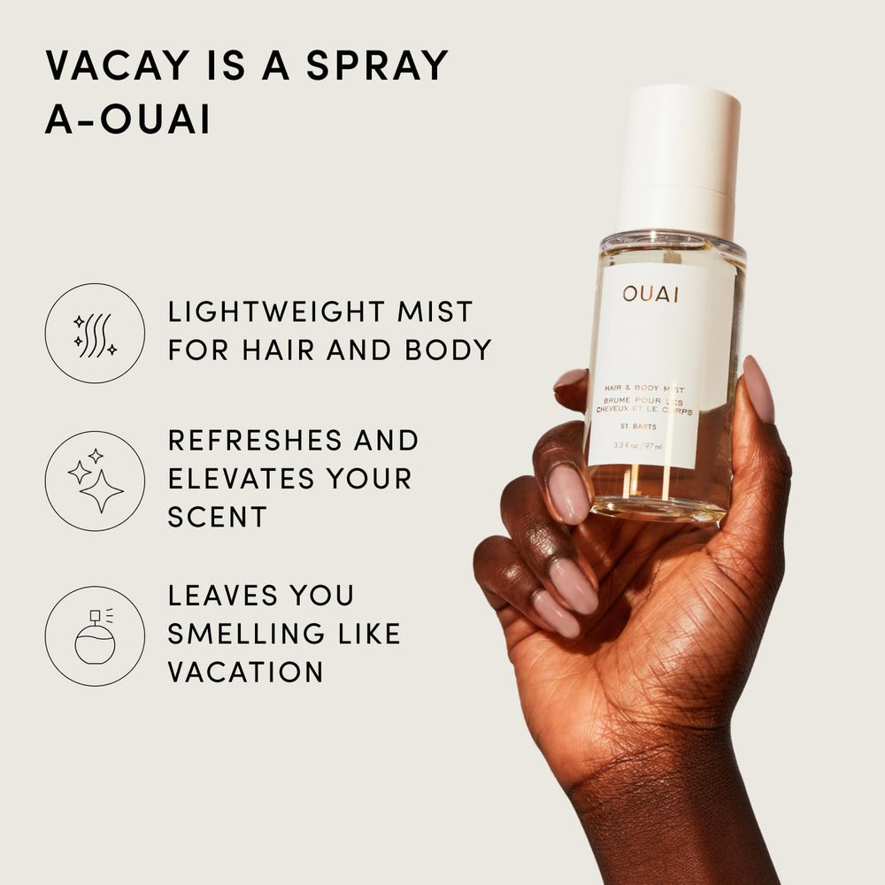 OUAI fine mist sprayed into air showing lightweight, non-greasy texture
