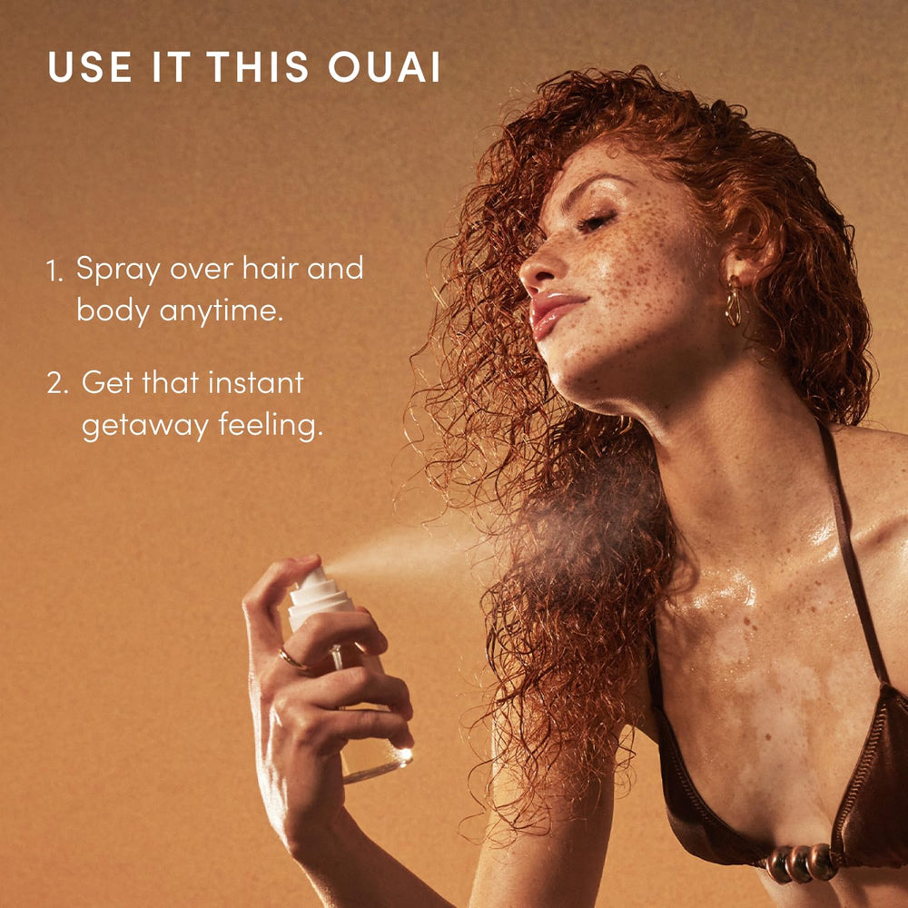 OUAI St. Barts bottle beside body crème to show layering option