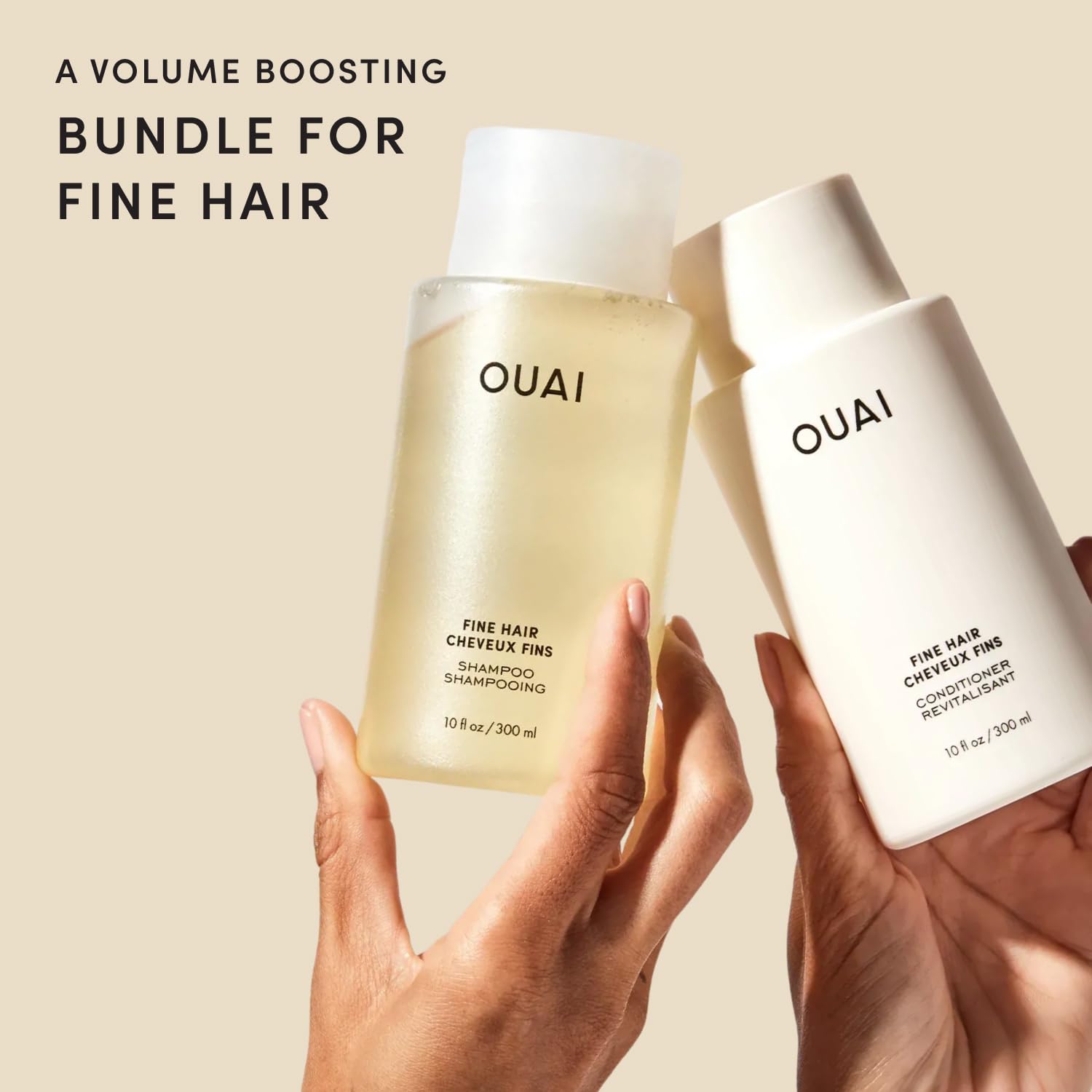 OUAI travel-size 3 oz shampoo and conditioner bottles top view highlighting portability benefit