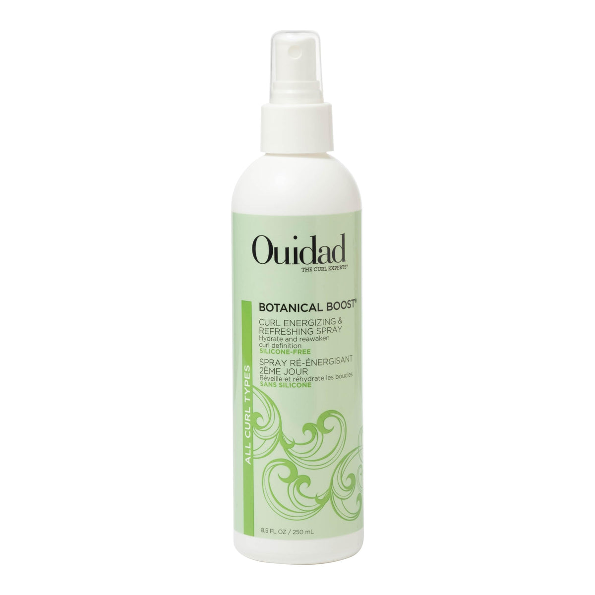 Ouidad spray bottle front label showing product and lasting definition benefit