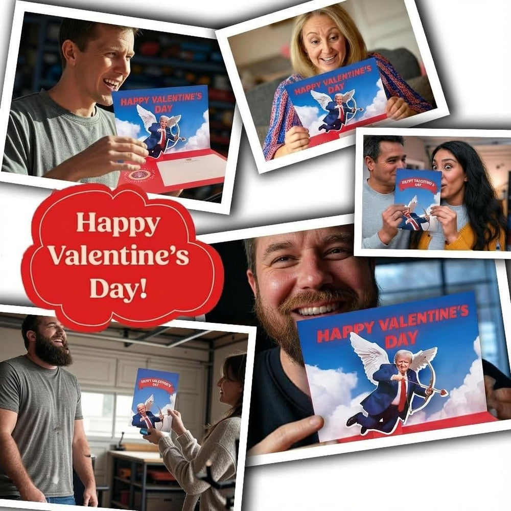 OUR FRIENDLY FOREST Trump Cupid card staged on shelf as collectible keepsake and conversation piece
