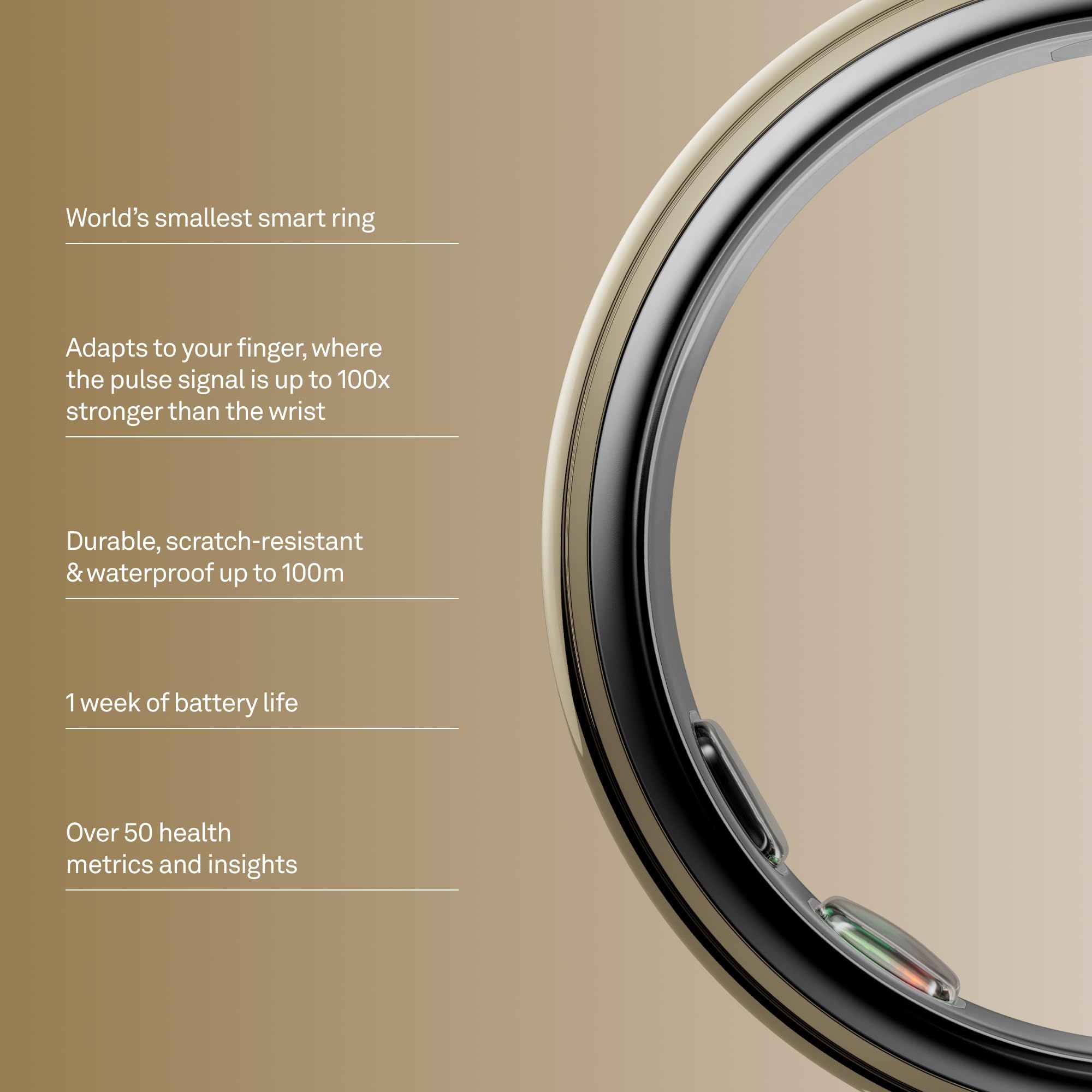 OURA ring 5 gold side profile highlighting thin fit and all-day comfort benefit