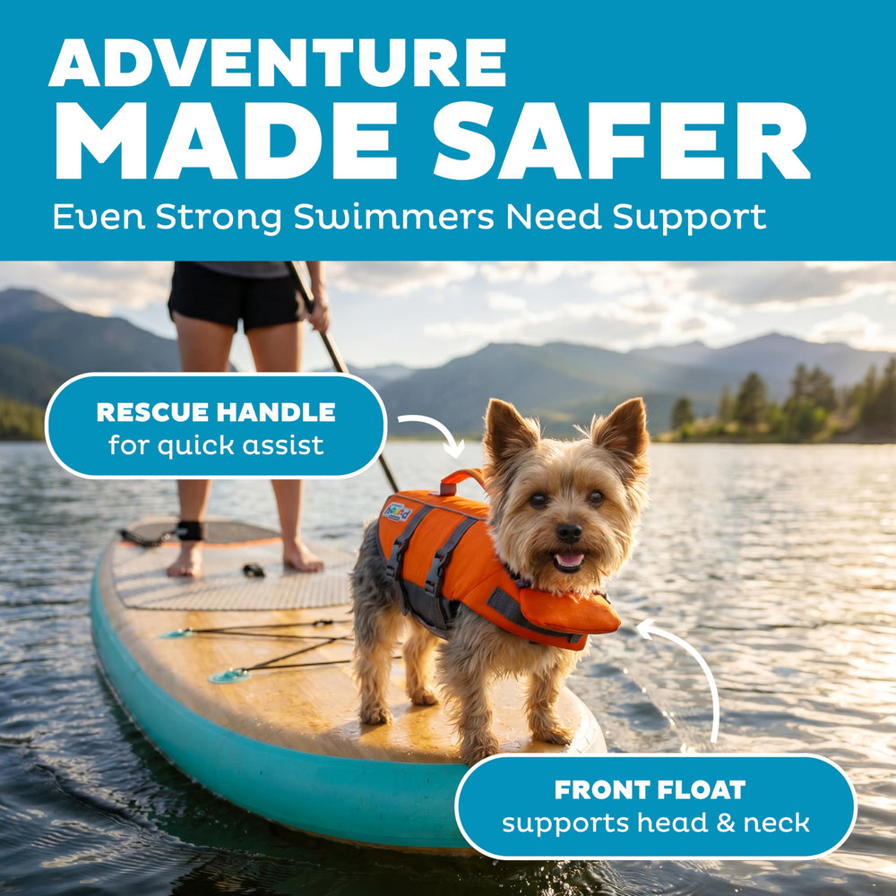 Outward Hound side profile of vest on model dog highlighting natural swim movement