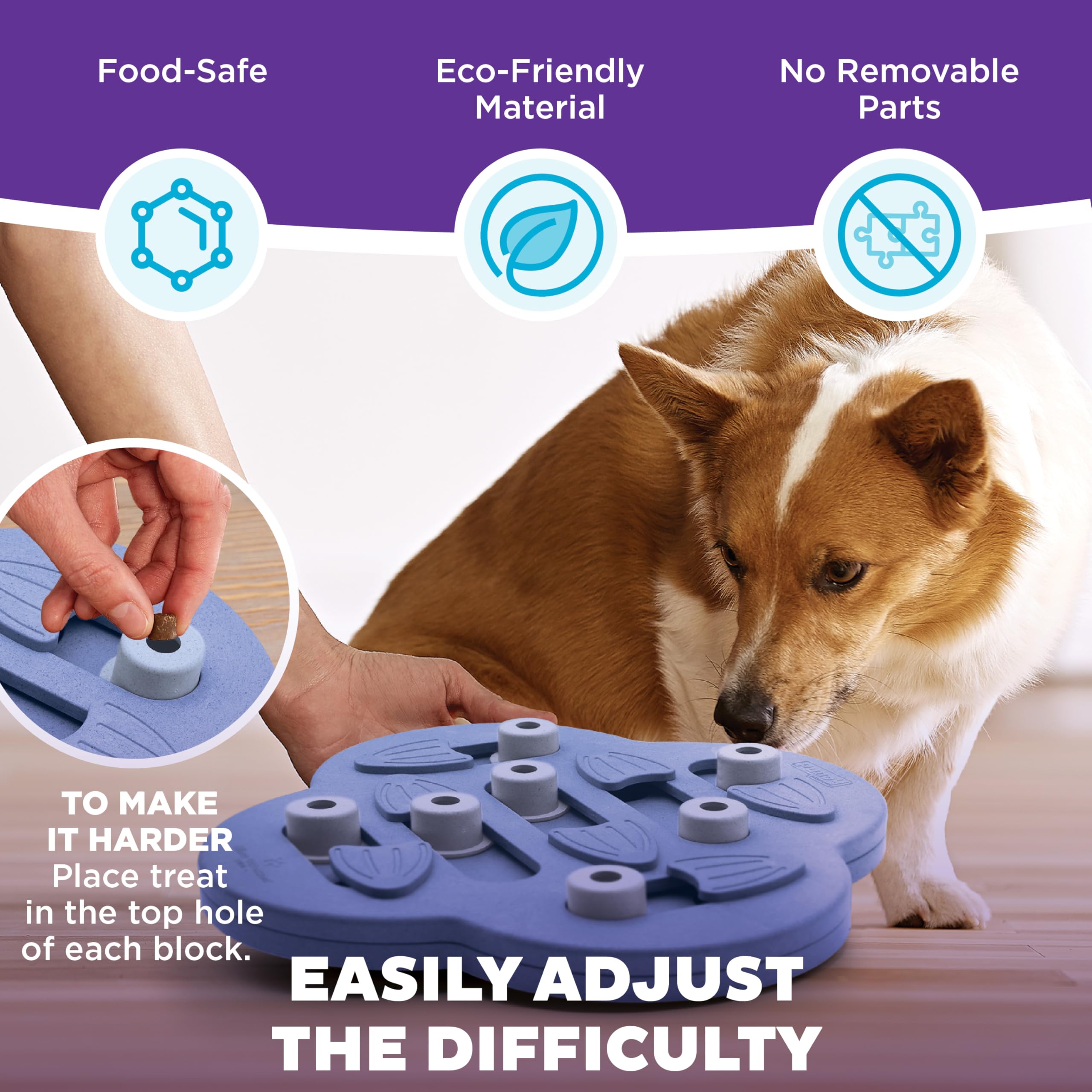 Outward Hound dog using puzzle with nose showing engagement and mental stimulation benefit