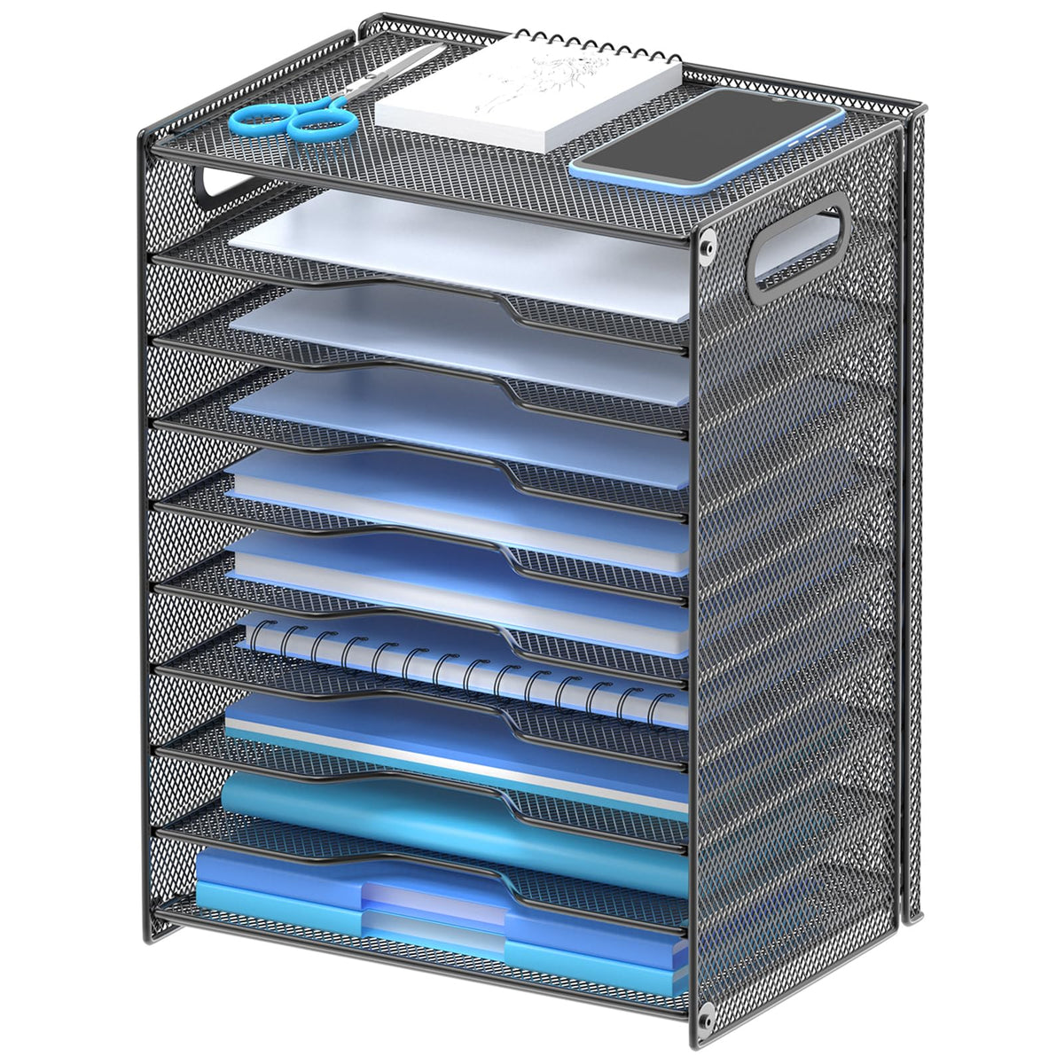 OUTWOLF front view of 10-tier organizer showing neat stacked trays and quick access