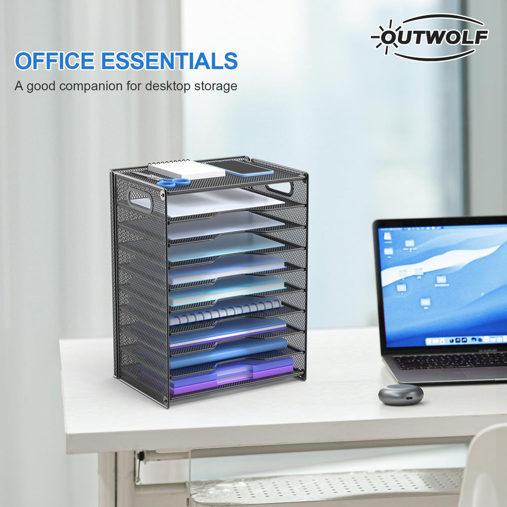 OUTWOLF in a home office setup organizing paperwork for improved productivity