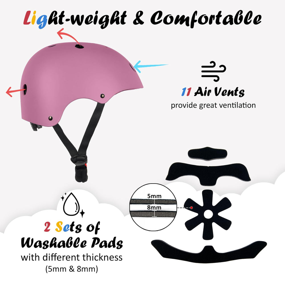 OUWOER pink helmet interior pads and chin strap showing comfort benefit