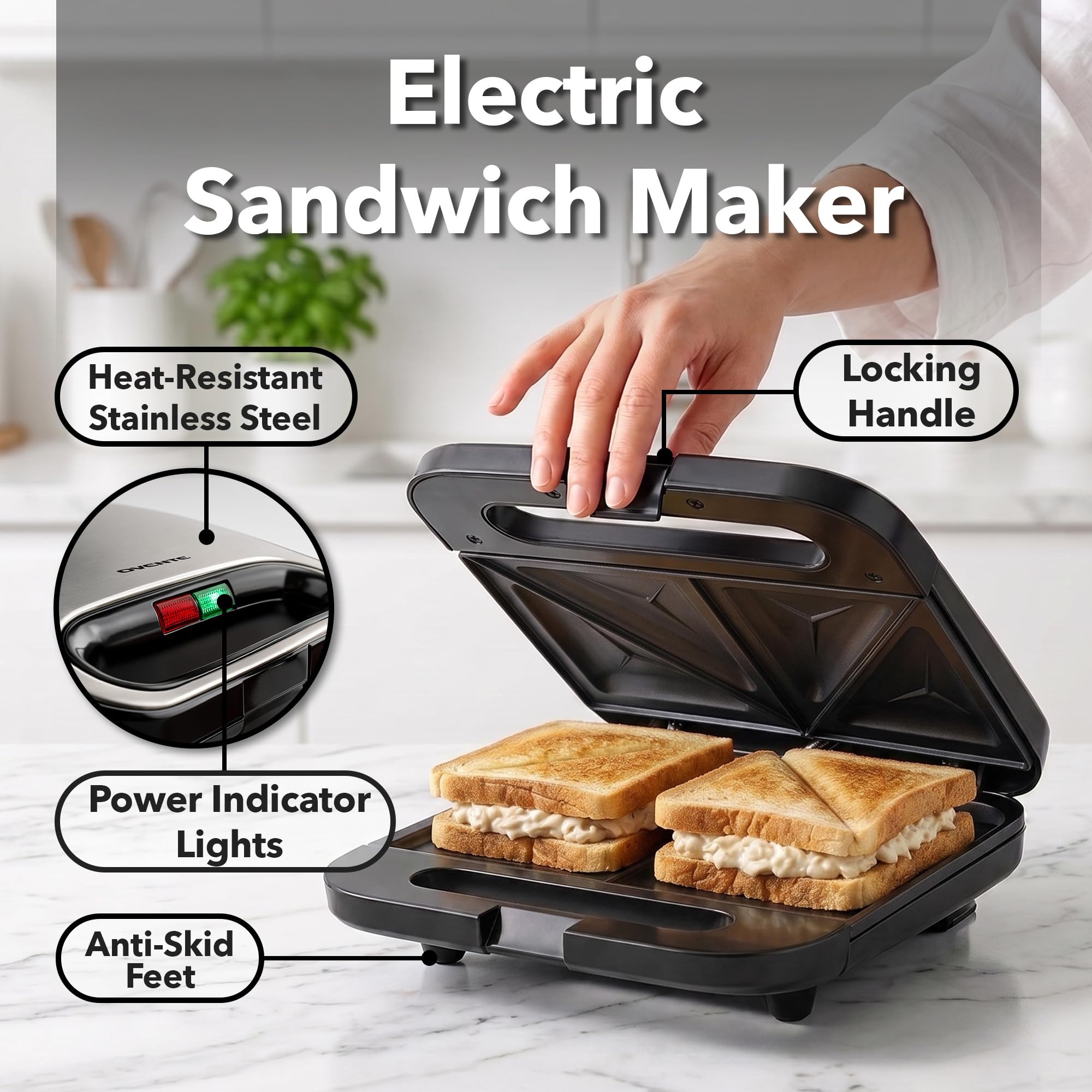OVENTE open nonstick plates revealing easy-release surface and even toasting