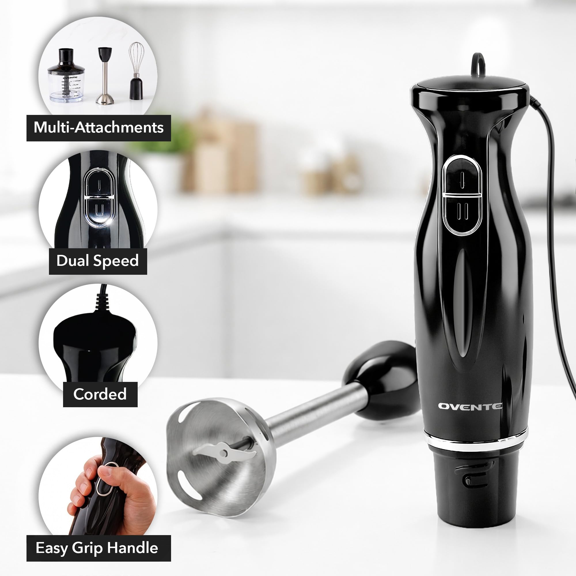 OVENTE hand blender with beaker, chopper, and whisk displayed for versatile use