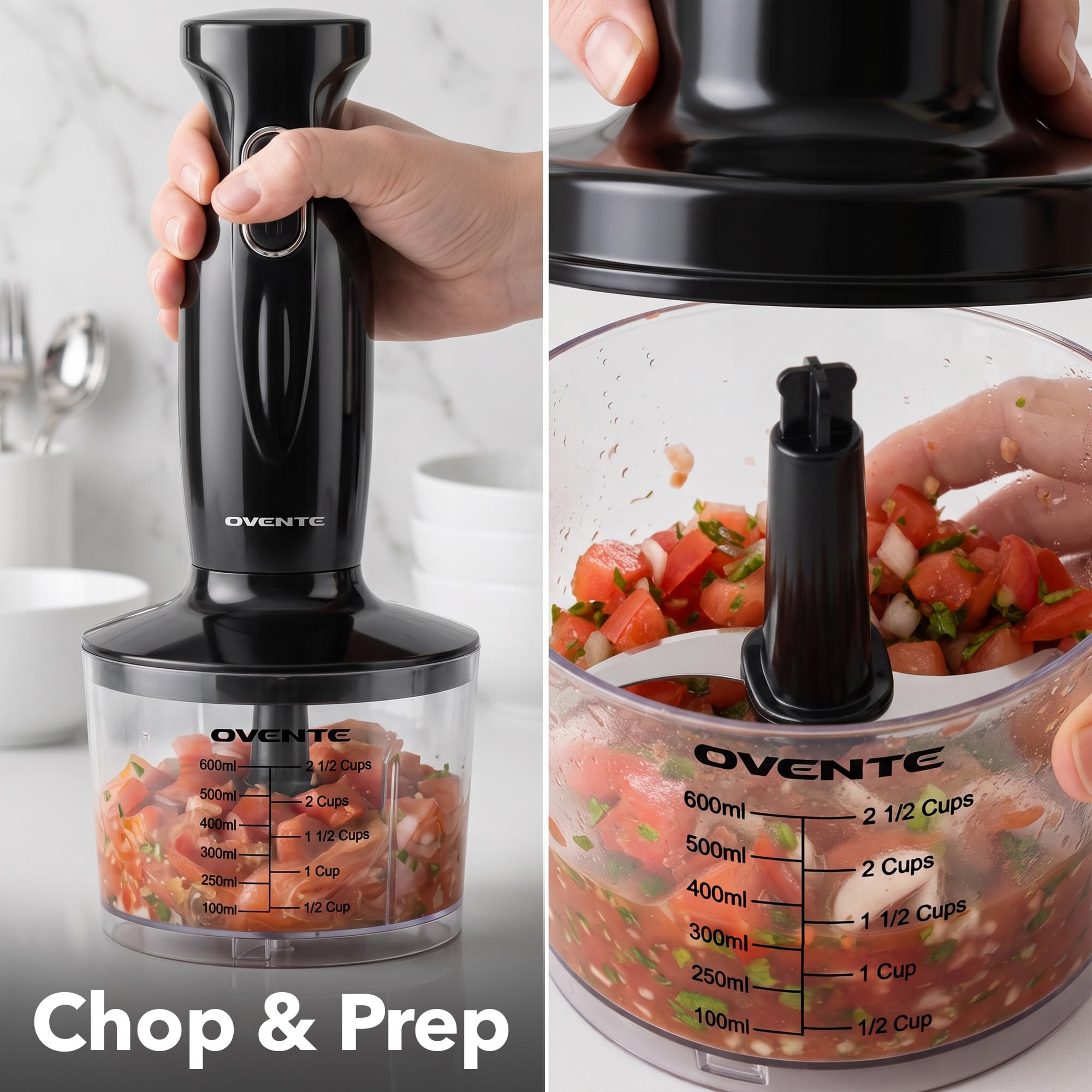 OVENTE chopper attachment processing onions and herbs for fast prep