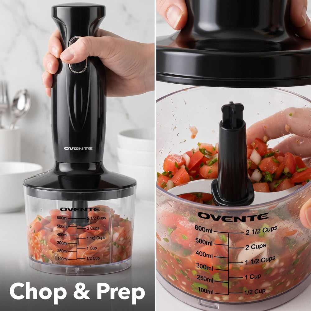 OVENTE chopper attachment processing onions and herbs for fast prep
