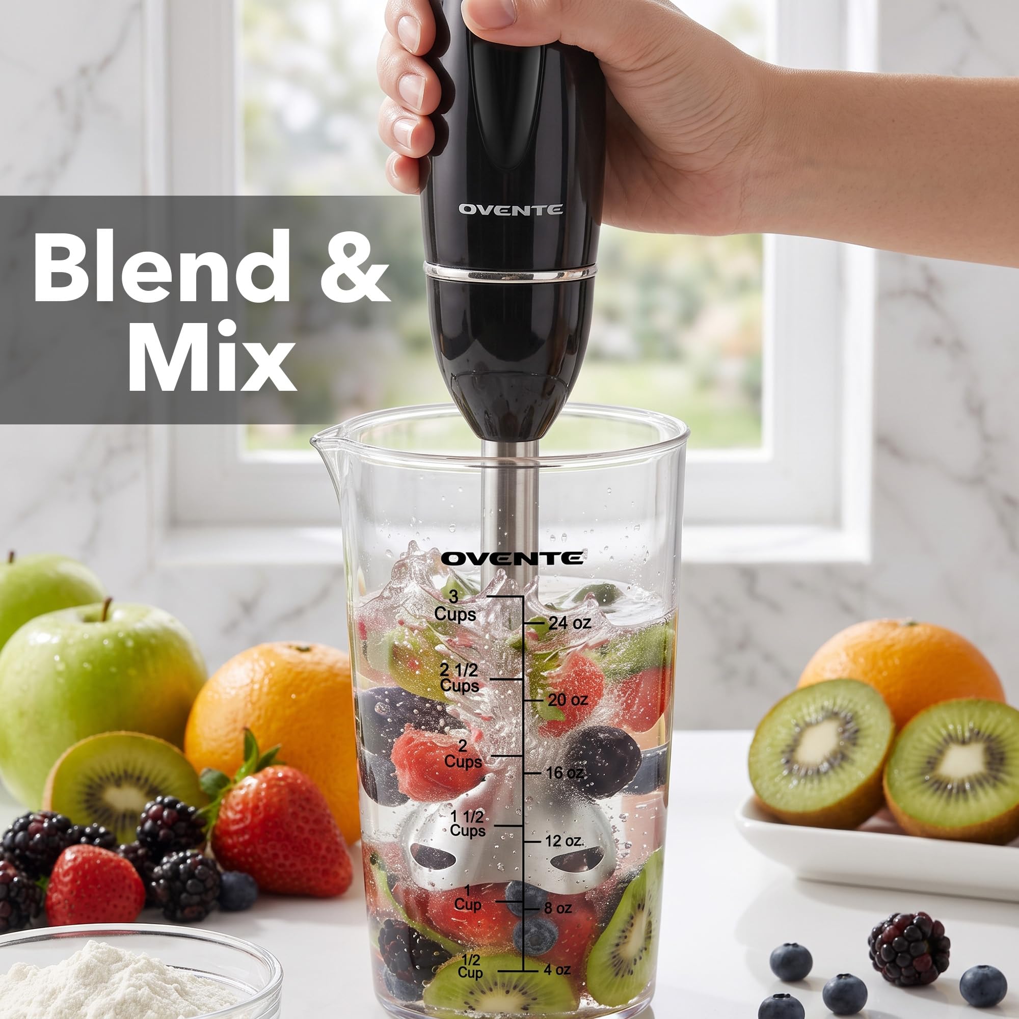 OVENTE hand blender next to common kitchen utensils to show compact scale