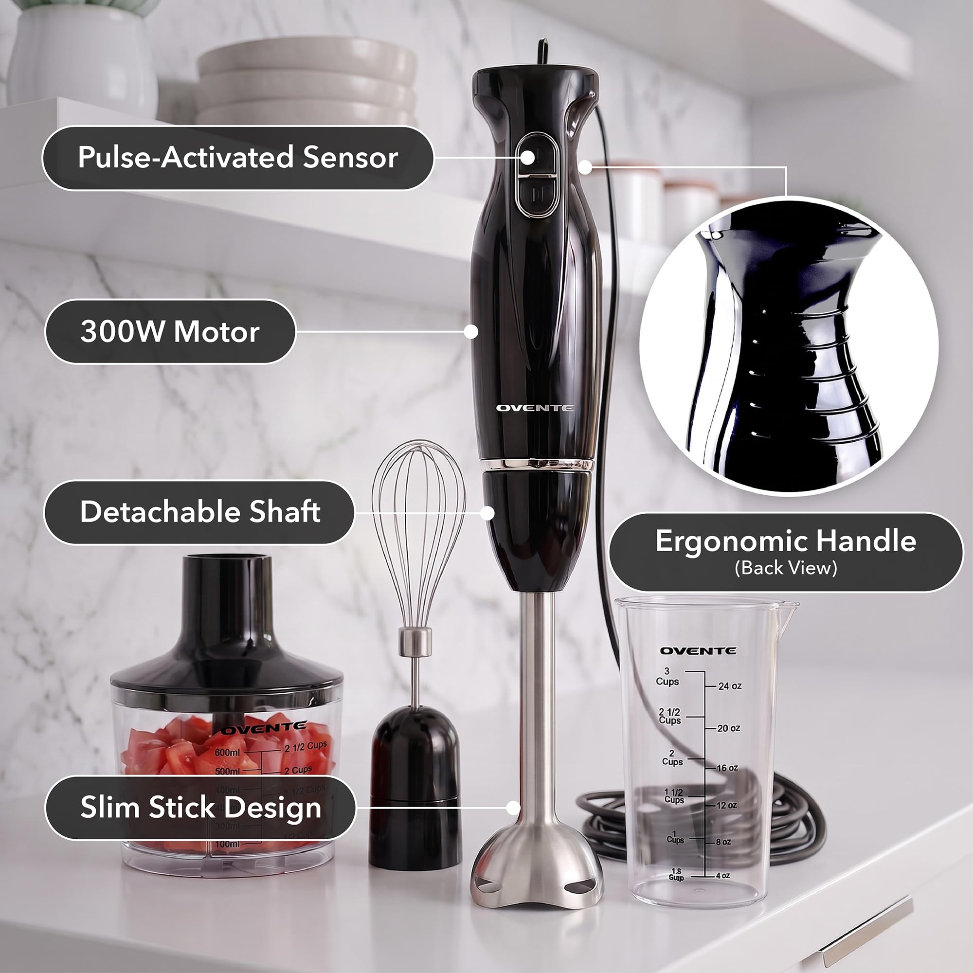 OVENTE stainless-steel shaft detail highlighting durable blending performance