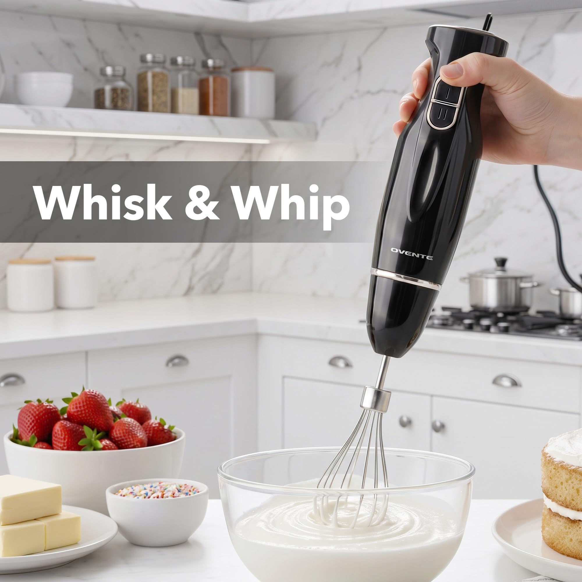 OVENTE whisk whipping cream to soft peaks for desserts and sauces