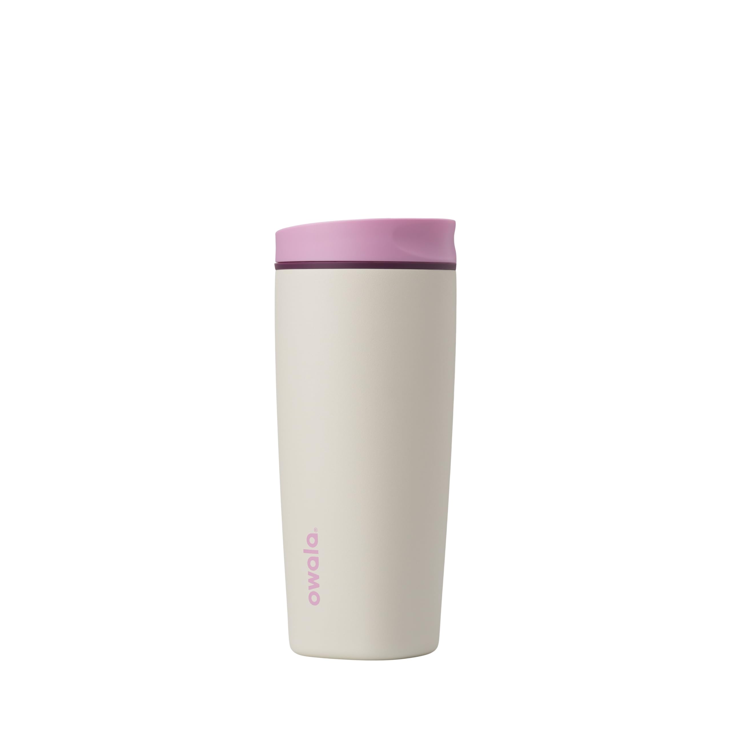 Owala Daybreak front view showing pink tan tumbler and leakproof lid benefit