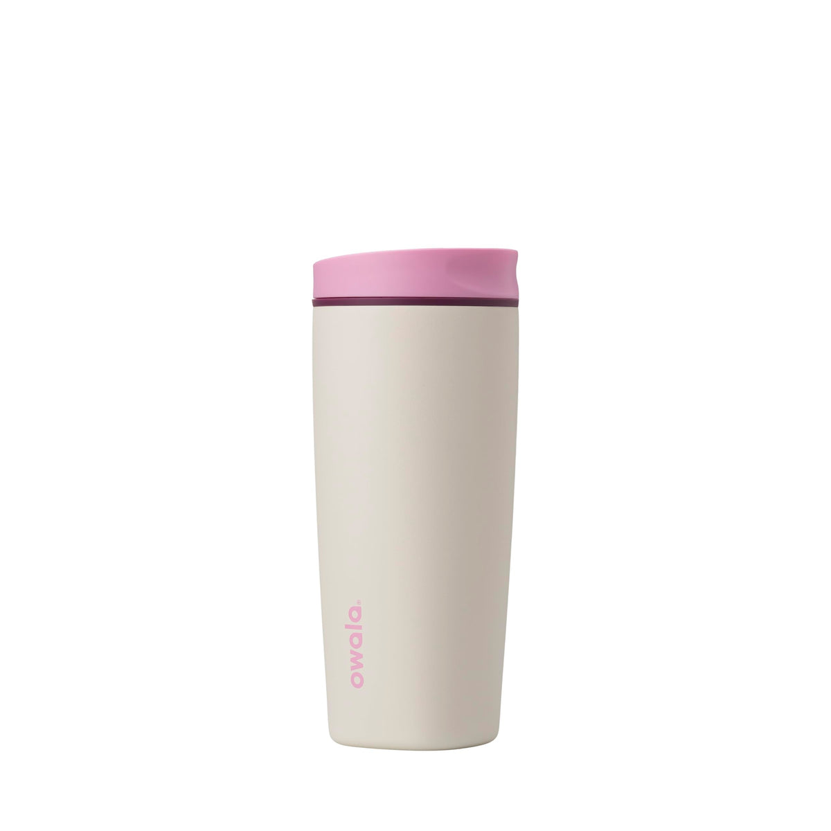 Owala Daybreak front view showing pink tan tumbler and leakproof lid benefit