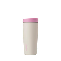 Owala Daybreak front view showing pink tan tumbler and leakproof lid benefit