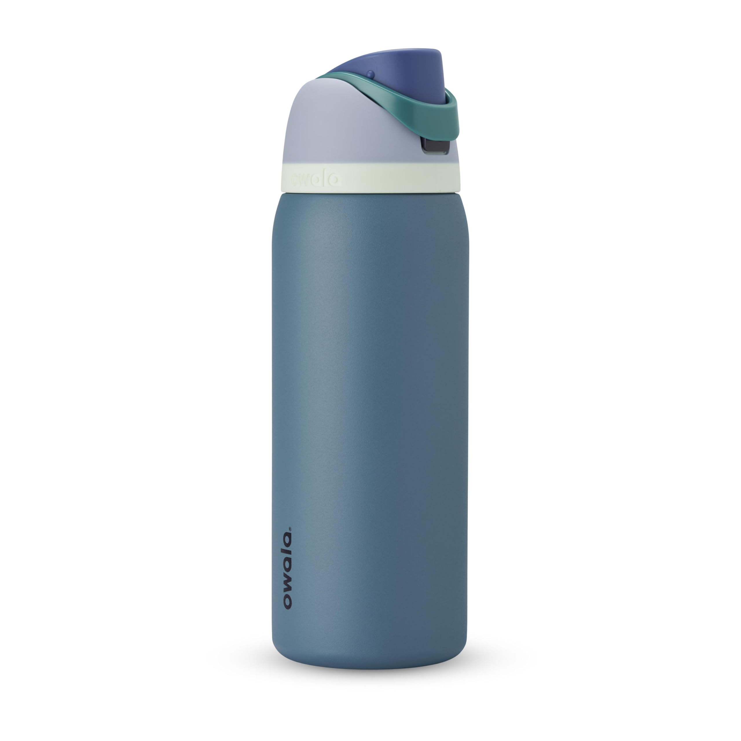 Owala FreeSip front view shows denim bottle and ergonomic carry loop for easy transport
