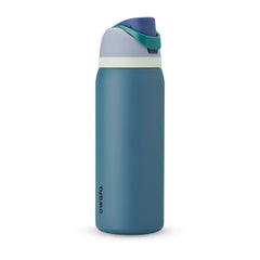Owala FreeSip front view shows denim bottle and ergonomic carry loop for easy transport