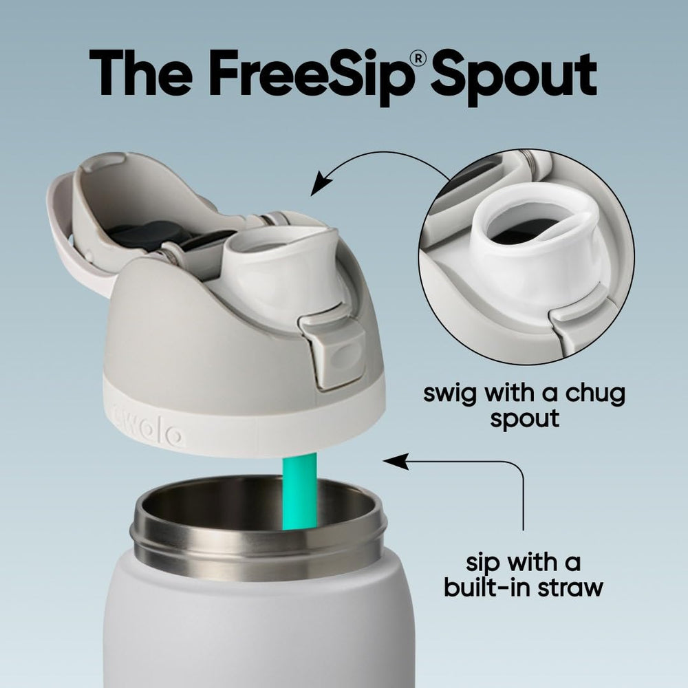 Owala FreeSip lid detail highlighting push-button lock for clean-spout protection