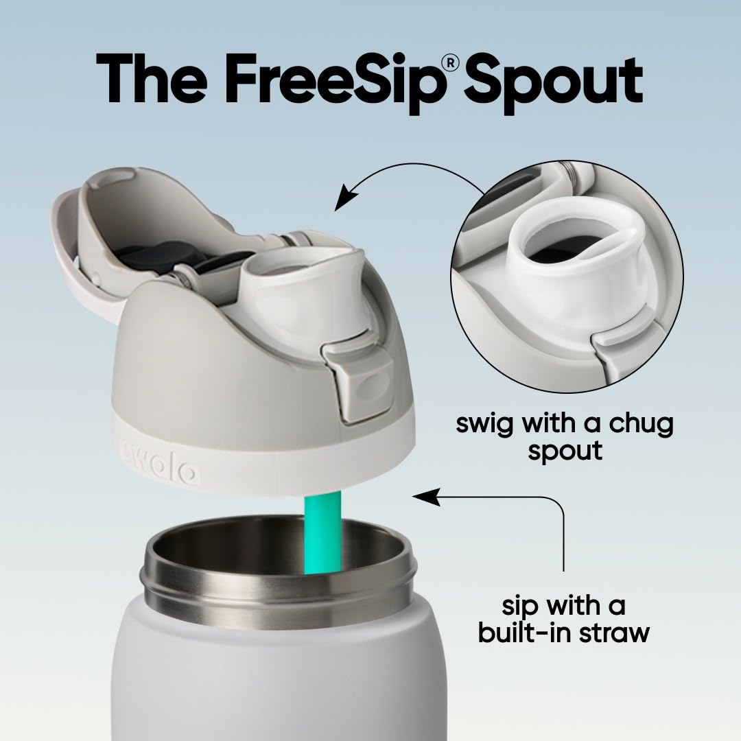 Owala FreeSip lid closeup featuring push-button and lock for spill-resistant convenience