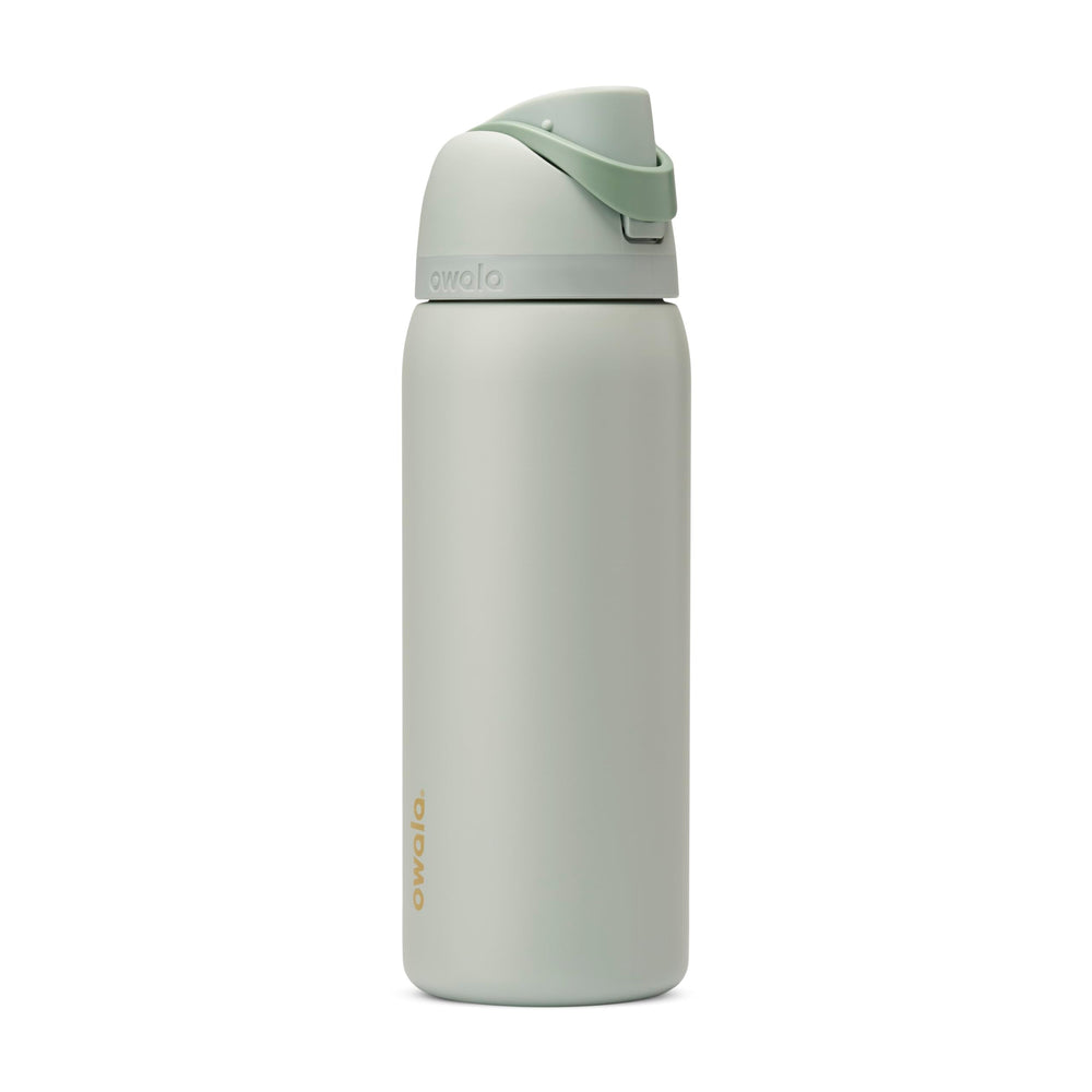 Owala FreeSip front view in Summer Blue showing full bottle and label, convenient hydration
