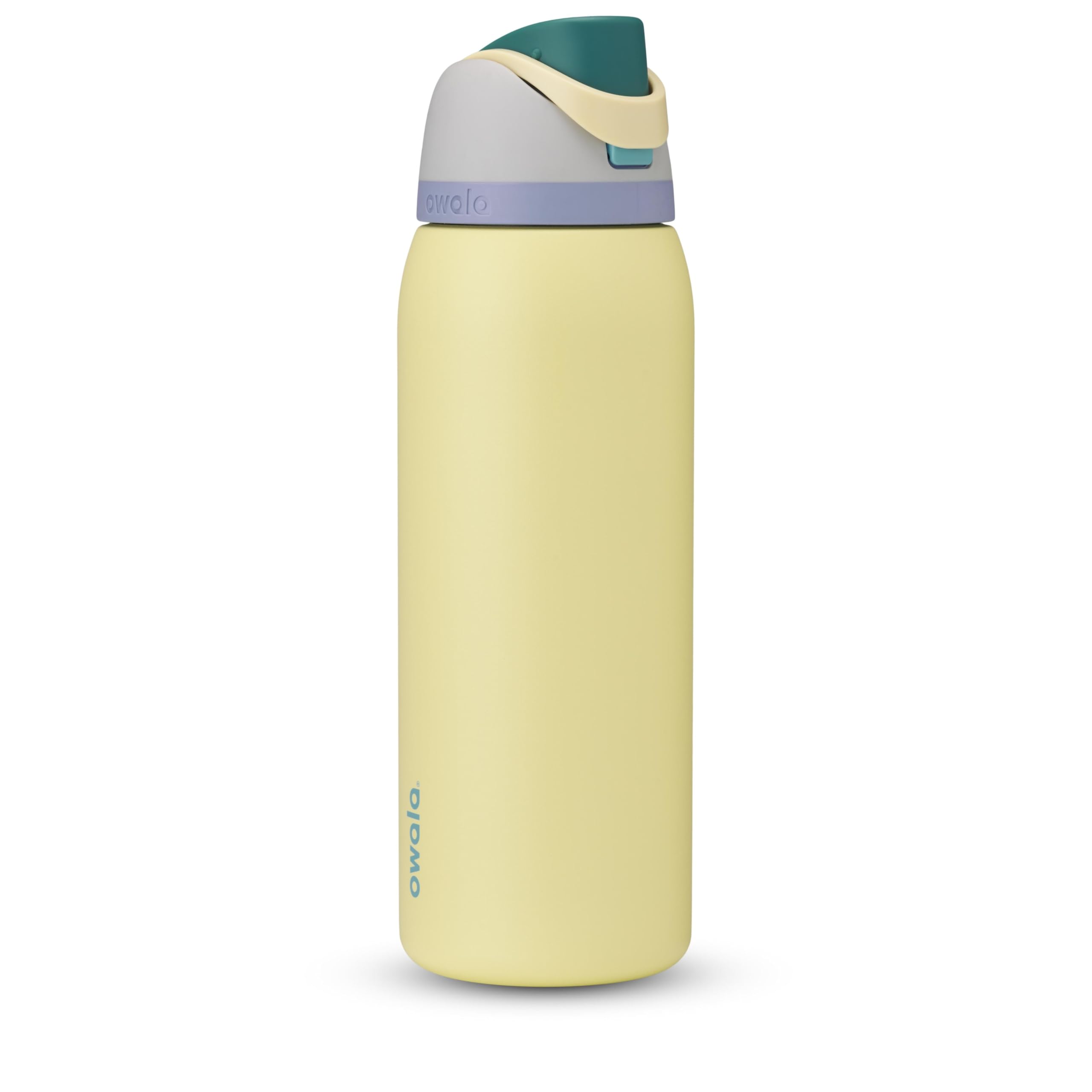 Owala FreeSip front view showing grey and yellow finish and 40 oz capacity for visibility