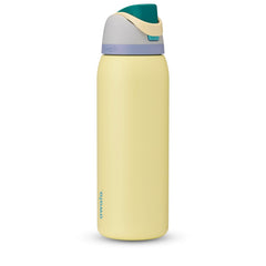 Owala FreeSip front view showing grey and yellow finish and 40 oz capacity for visibility