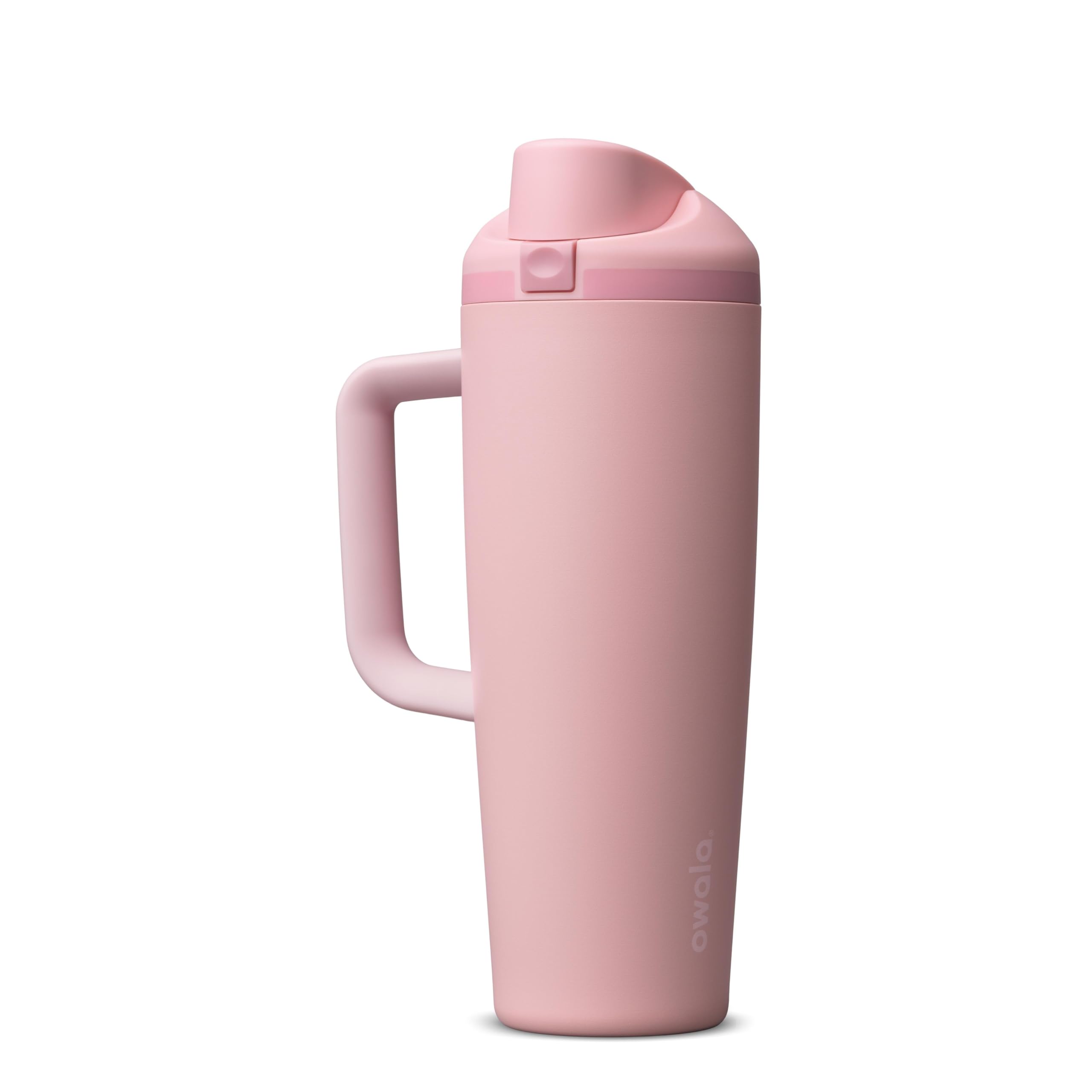 Owala FreeSip front view Rose Quartz showing full 30 oz bottle and benefits