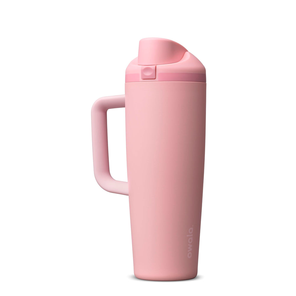 Owala FreeSip front view Rose Quartz showing full 30 oz bottle and benefits