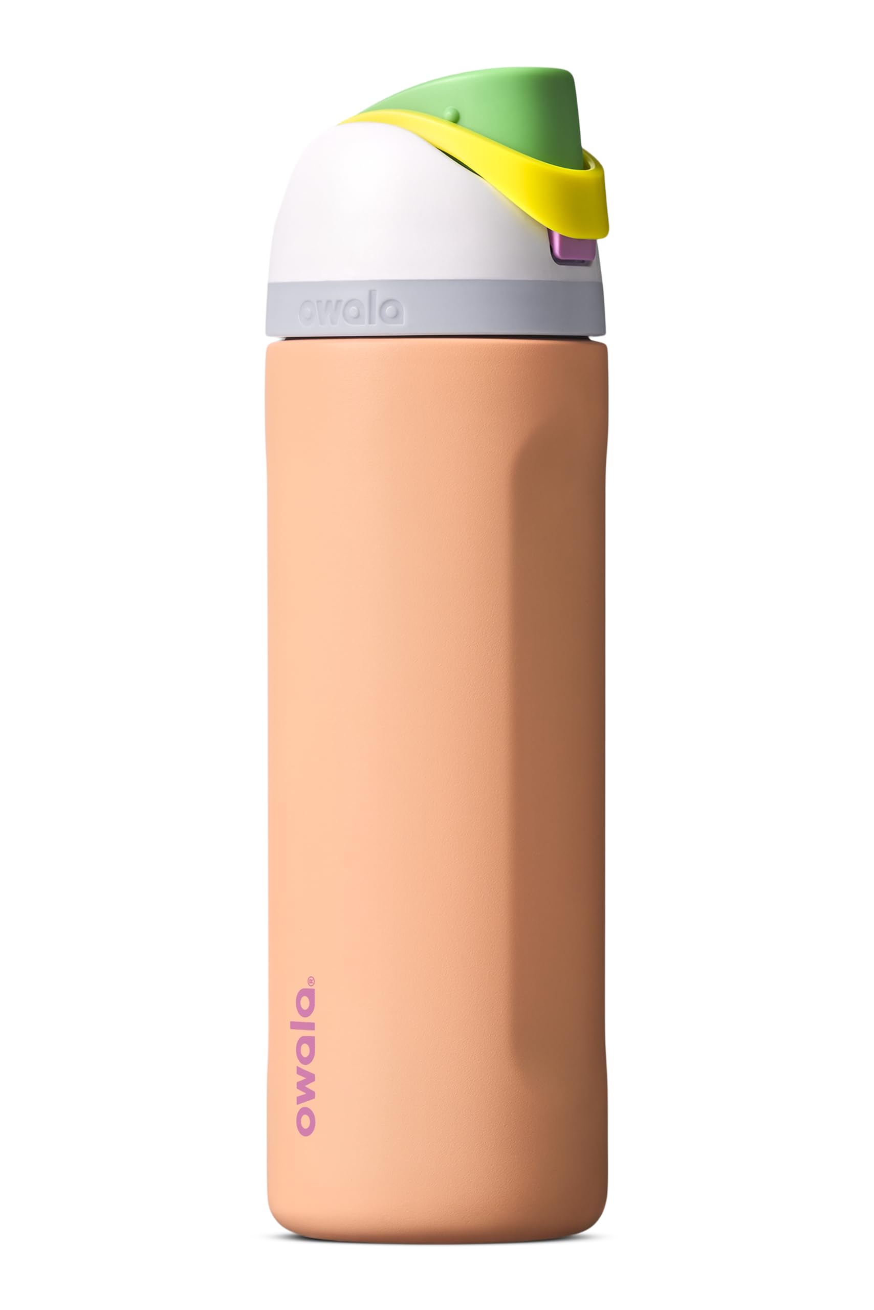 Owala FreeSip front view in Peachy Keen showing bottle finish and size benefit