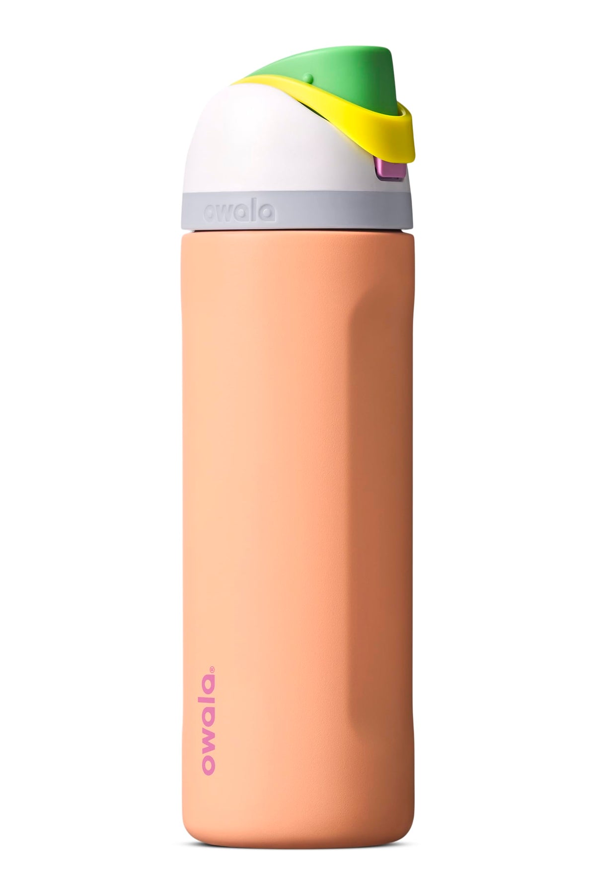 Owala FreeSip front view in Peachy Keen showing bottle finish and size benefit