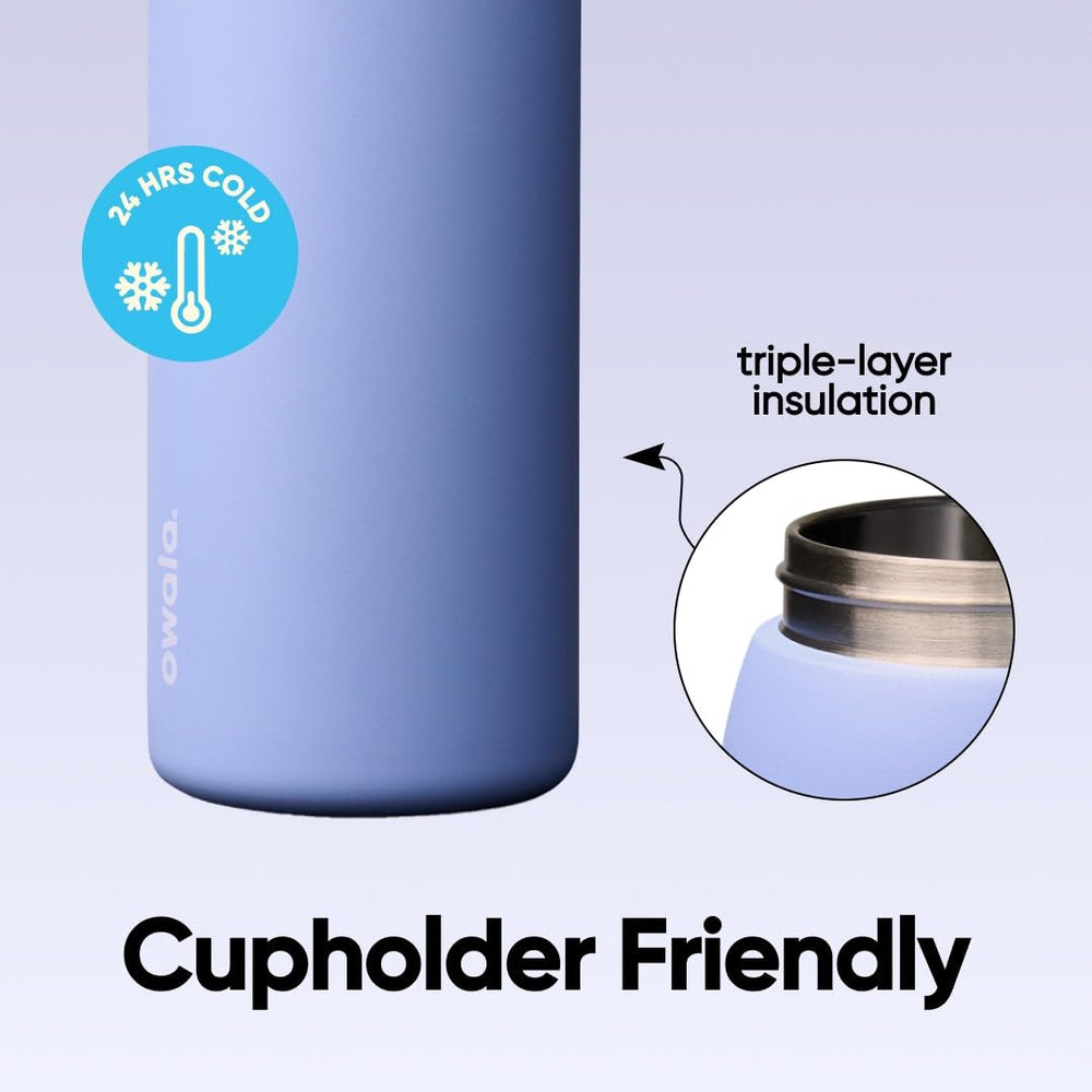 Owala FreeSip seated in car cup holder, demonstrating portable fit and stability