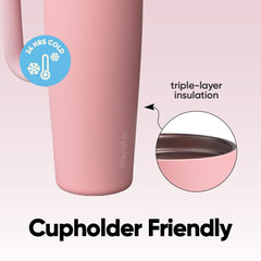 Owala FreeSip in vehicle cup holder demonstrating travel-ready convenience