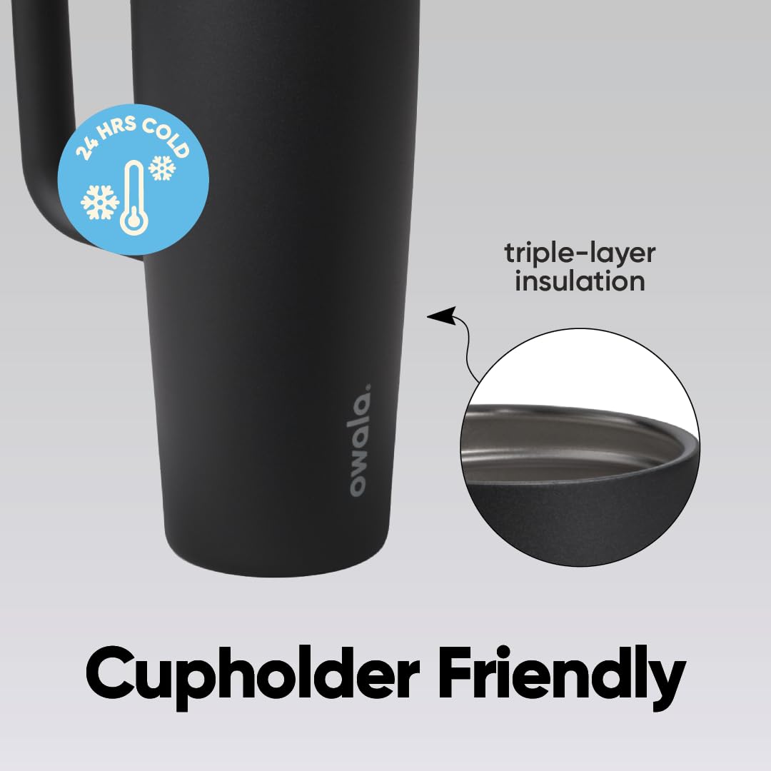 Owala FreeSip held in hand and placed in cup holder for on-the-go convenience