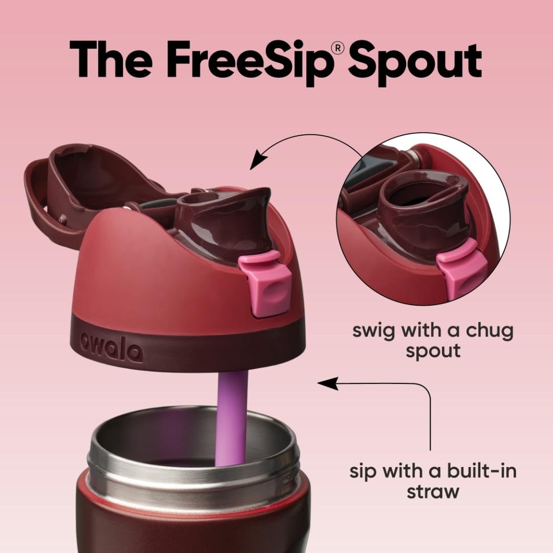Owala FreeSip lid close-up with push-button lock highlighting secure spill protection