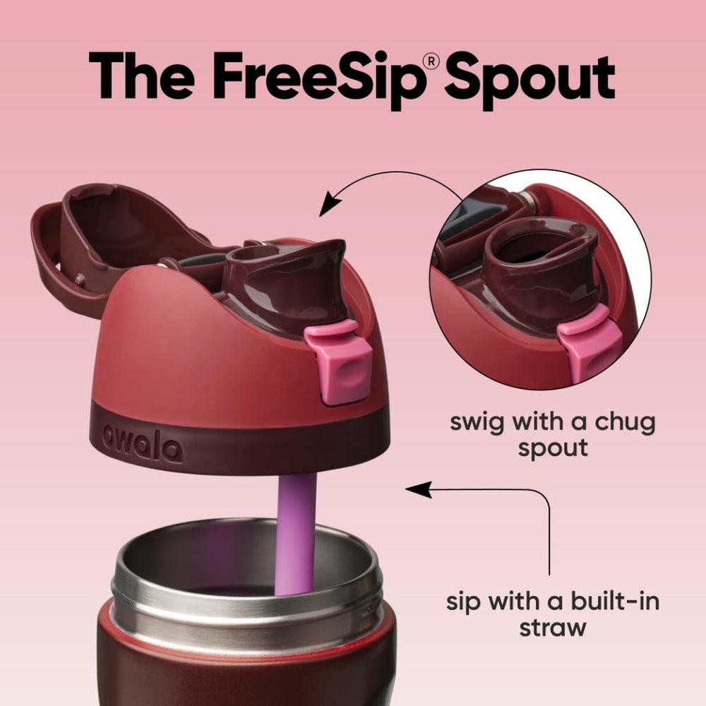 Owala FreeSip lid close-up with push-button lock highlighting secure spill protection