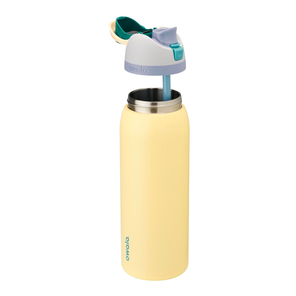 Owala FreeSip lid closeup highlighting push button and lock for spill protection