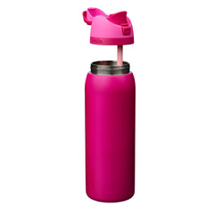 Owala FreeSip close-up of locking push-button lid, demonstrates hygienic protection