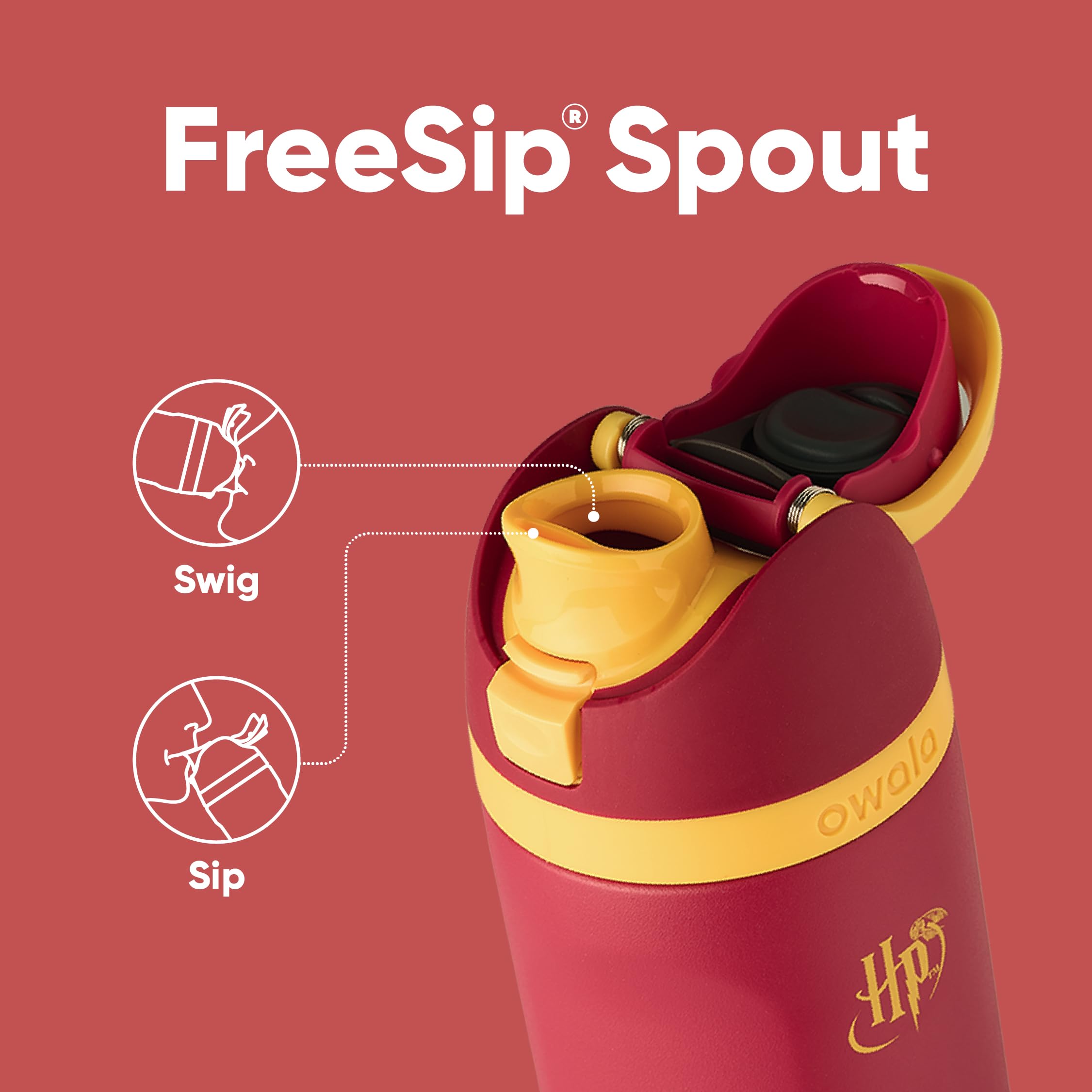 Owala FreeSip lid closeup showing push-to-open design and easy-clean benefit