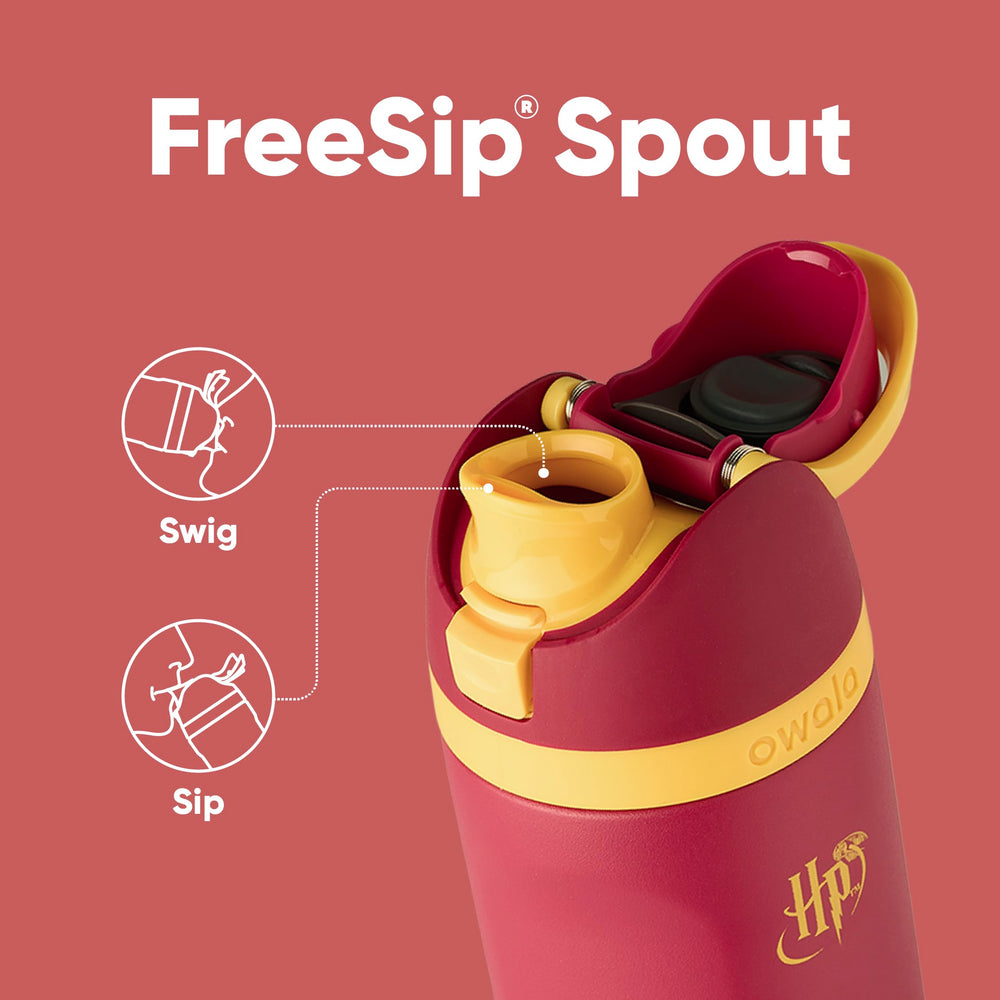 Owala FreeSip lid closeup showing push-to-open design and easy-clean benefit