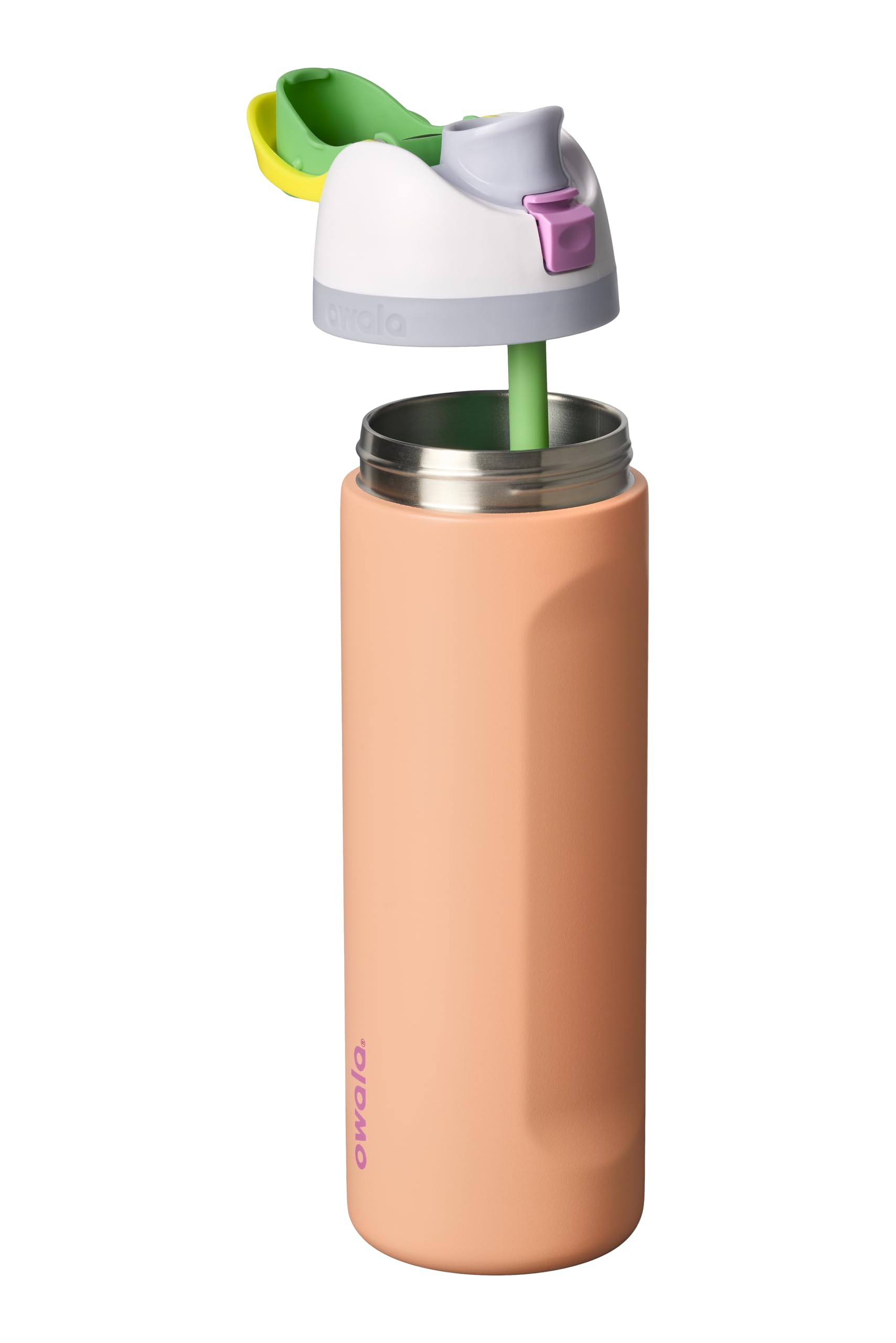 Owala FreeSip lid close-up highlighting push-button and hygiene benefit
