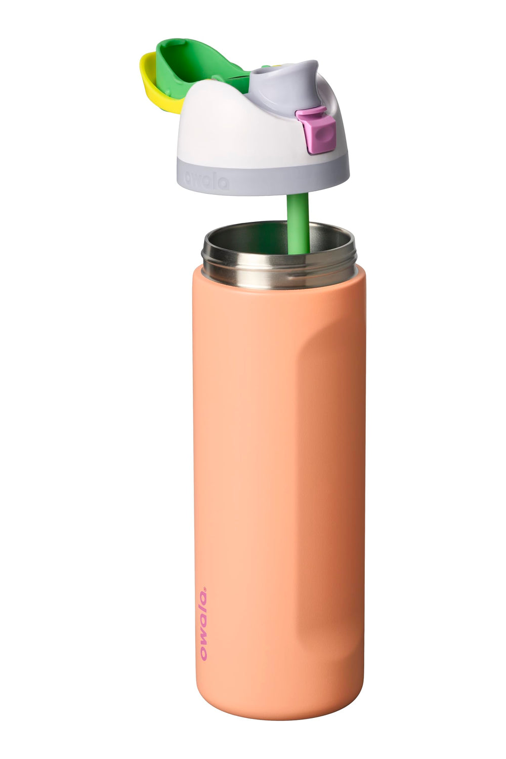 Owala FreeSip lid close-up highlighting push-button and hygiene benefit