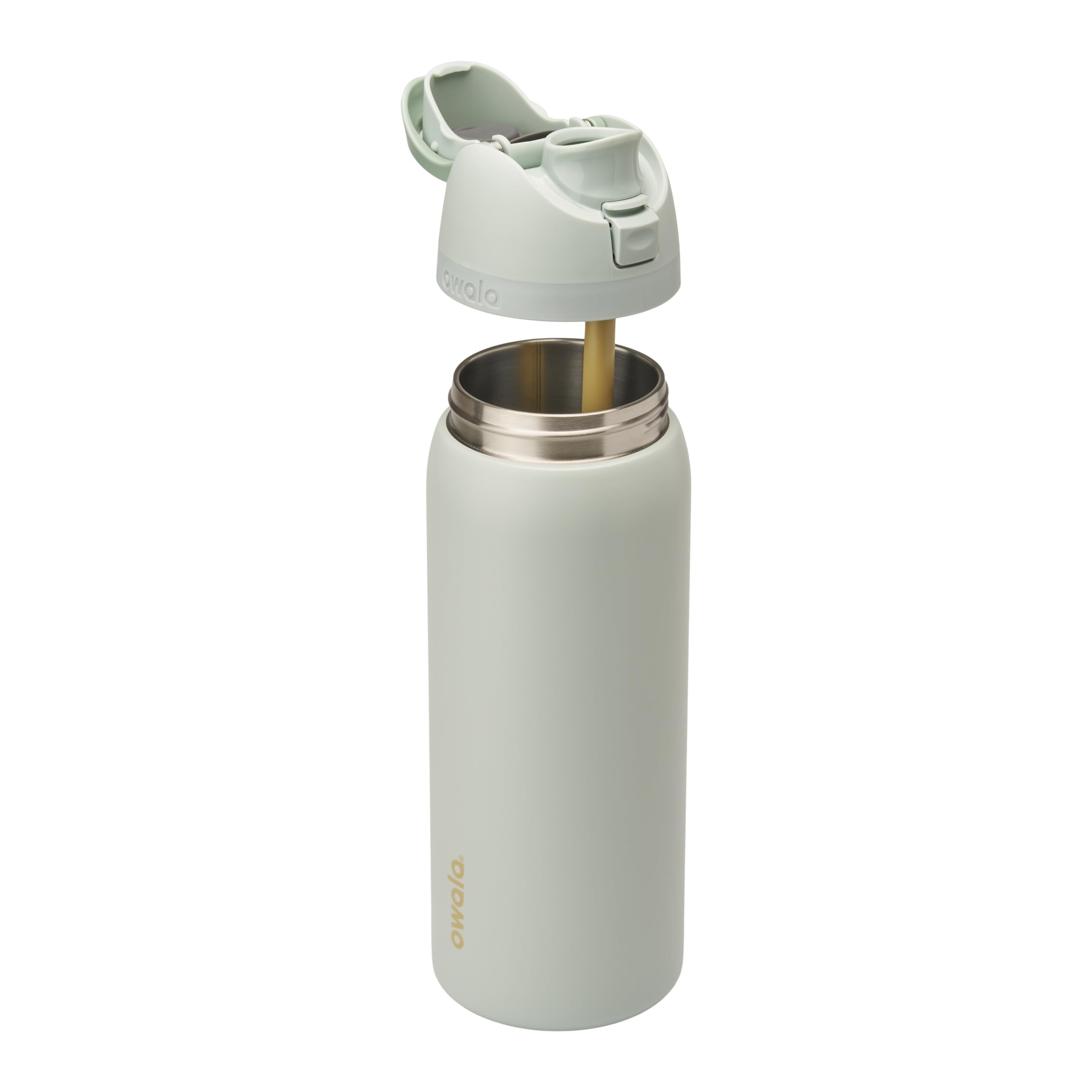 Owala FreeSip lid close-up showing push-button and carry-loop lock for secure use