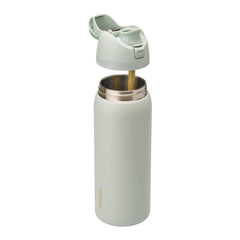 Owala FreeSip lid close-up showing push-button and carry-loop lock for secure use