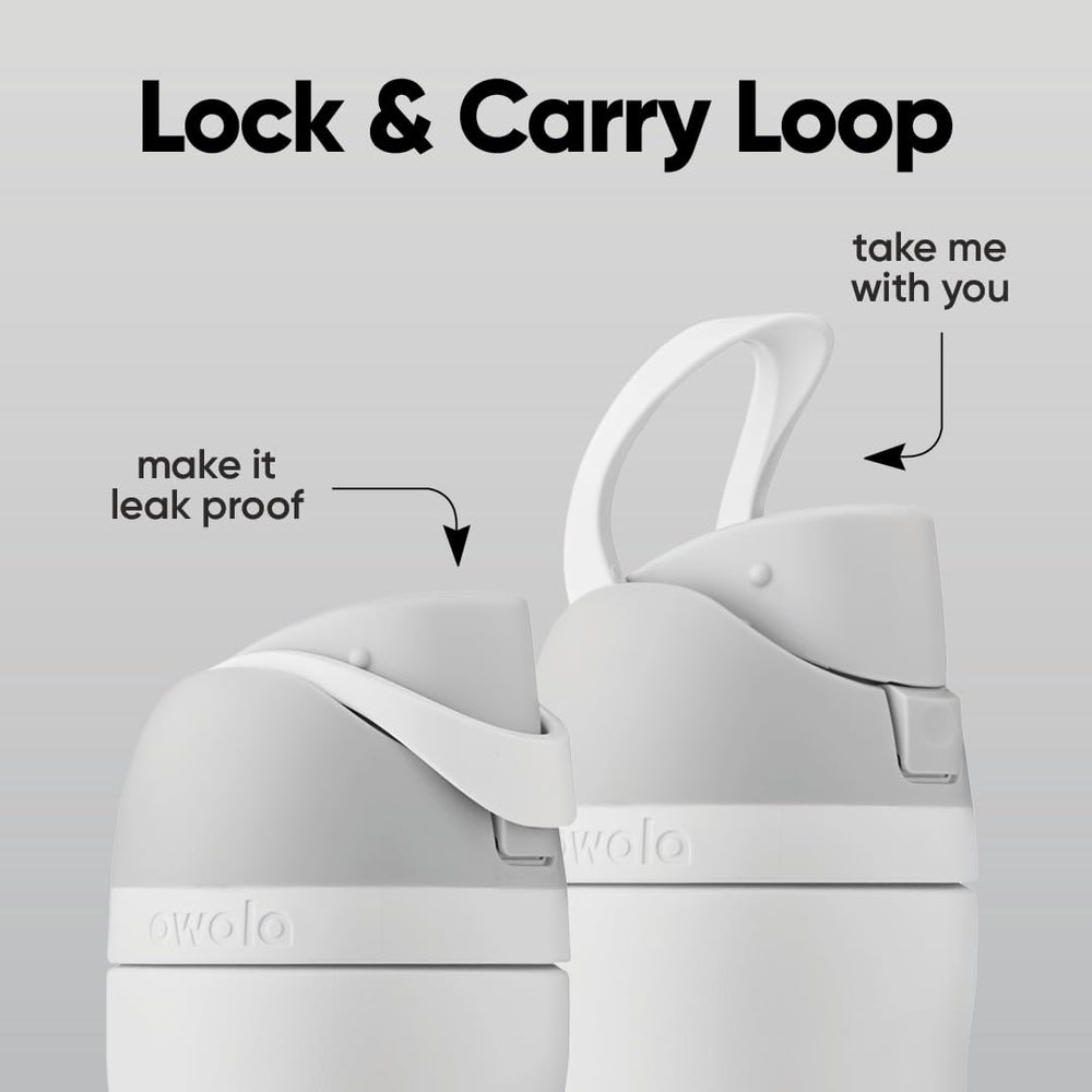 Owala FreeSip detail of push-button lid and carry loop locking for secure transport