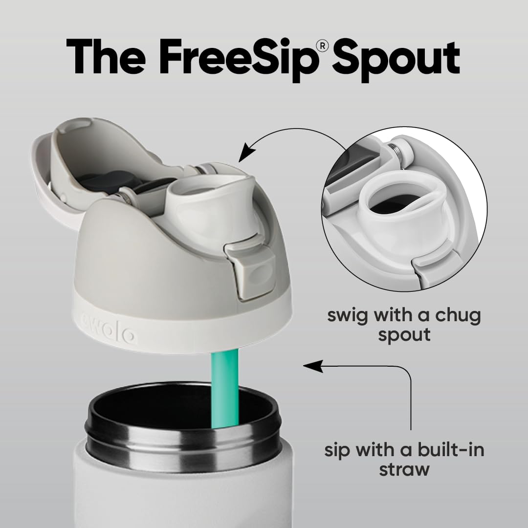 Owala FreeSip locking push-button lid close-up showing secure lock benefit