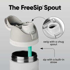 Owala FreeSip locking push-button lid close-up showing secure lock benefit