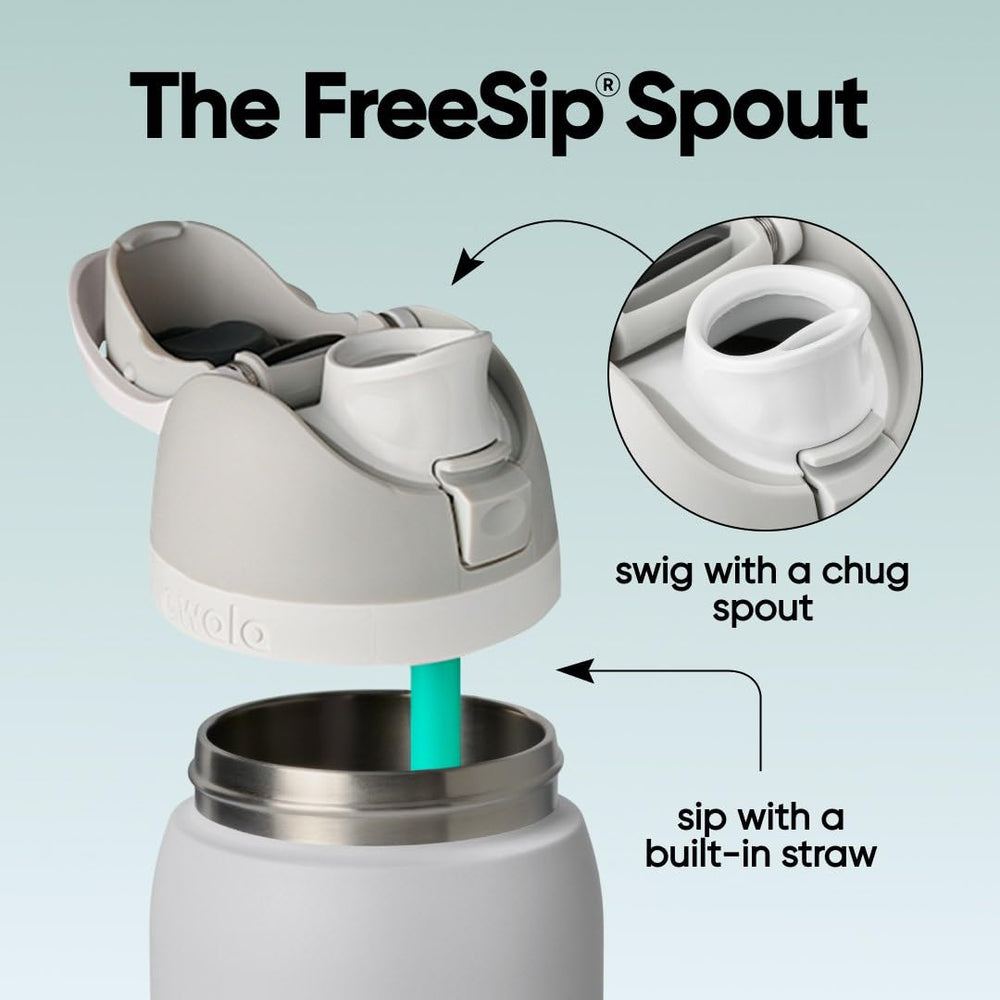 Owala FreeSip lid close-up showing dual-mode spout and hygienic cover for easy drinking